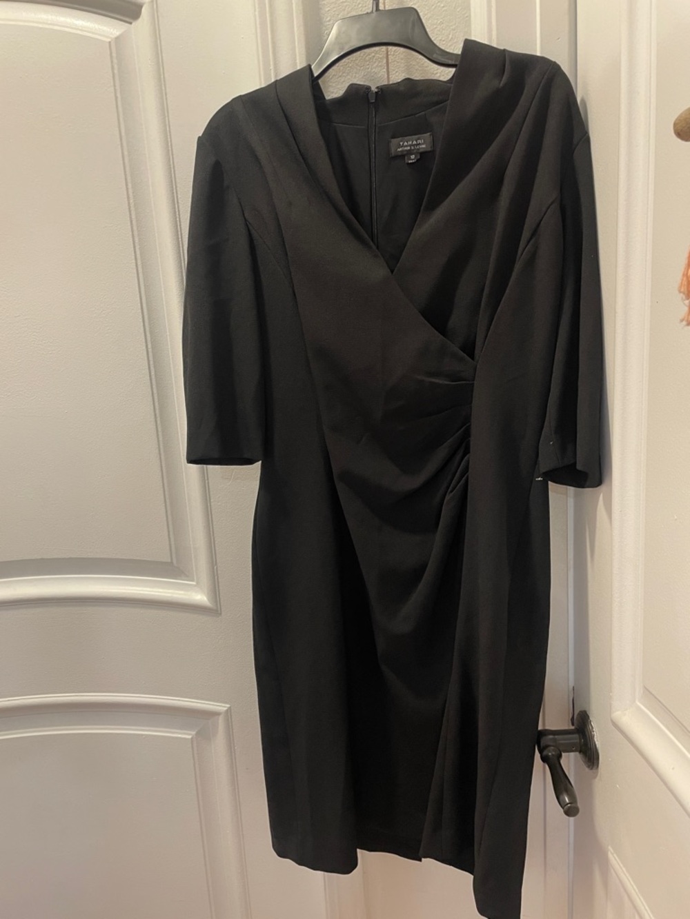 Tahari ASL Black Ruched V-Neck Midi Dress with Three-Quarter Sleeves